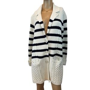 Talbots Cardigan Sweater Coat Sz L Ivory & Navy Striped Cable Knit Detail  Heavy